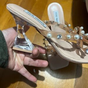 Steve Madden Nude/Pink Pearl & Crystal Clear-Heel Mules Sz 7 pink blush